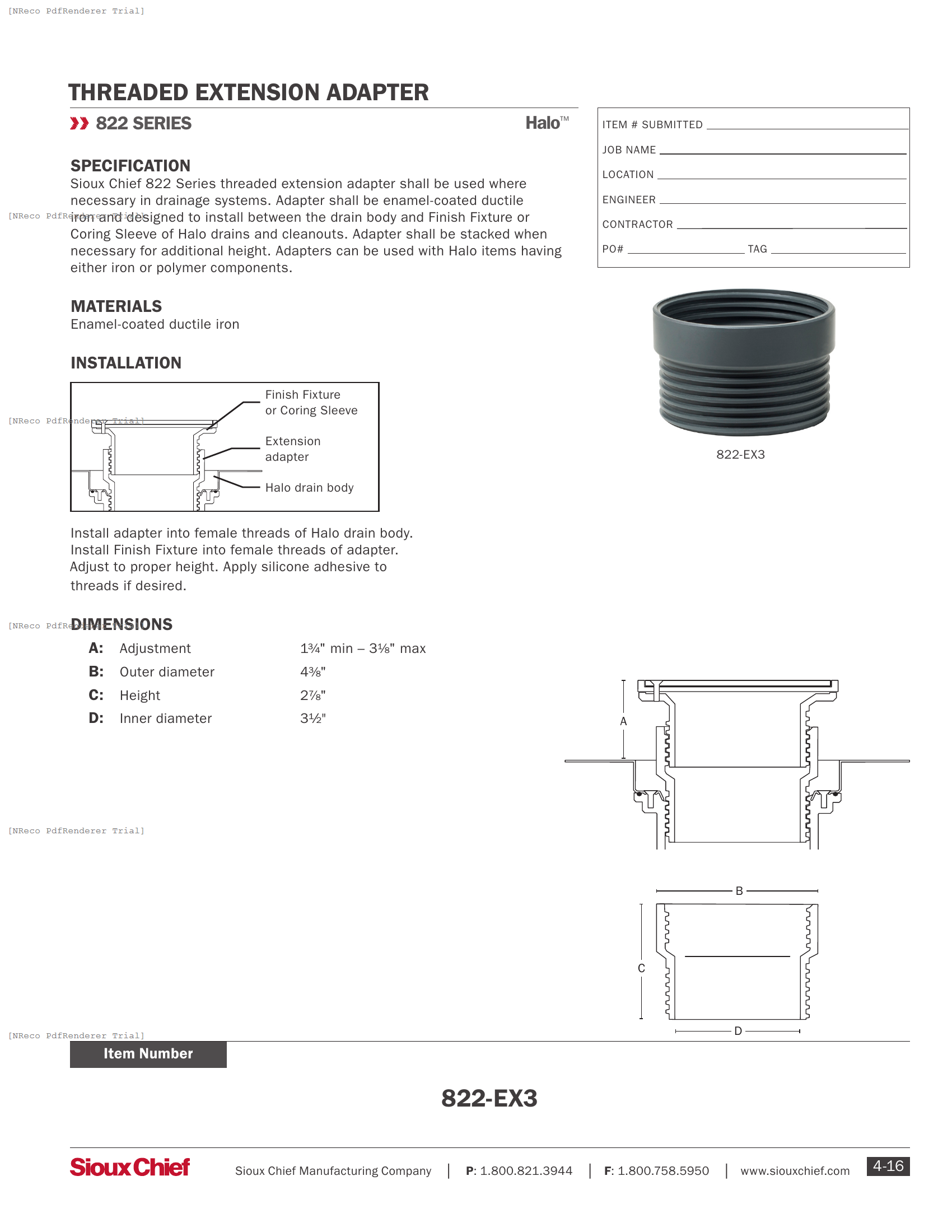 822-EX3 - EXTENSION ADAPTER - SPEC SHEET.PDF Specification Document